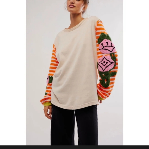 Free People Cream Top with Orange and Pink Accents - Picture 2 of 4